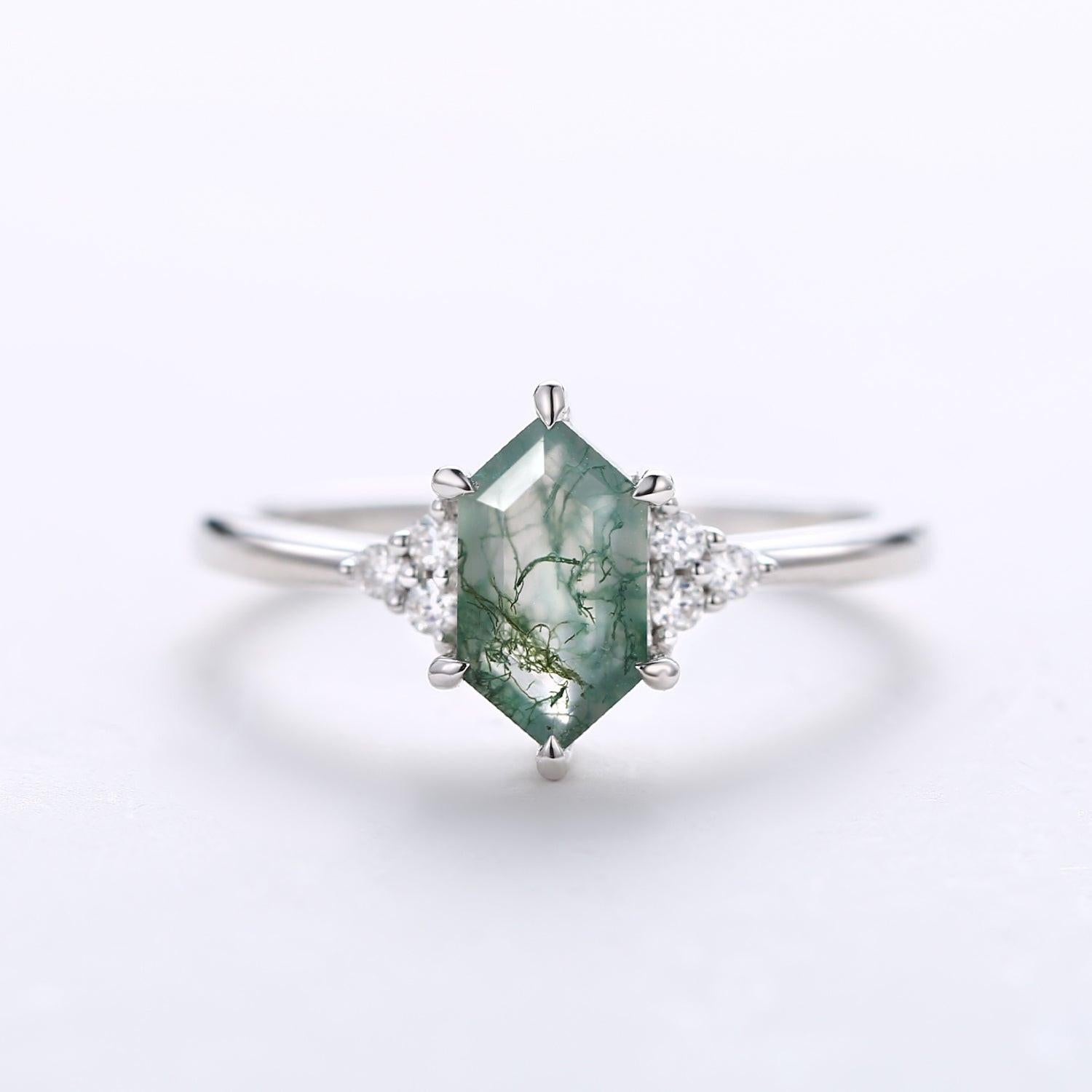 Nova Vintage Hexagon Moss Agate 3 Stone Engagement Ring.