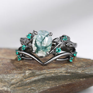 Sylvie’s Nocturne | Oval Cut Moss Agate Leafy Black Gold Ring Set 2pcs.