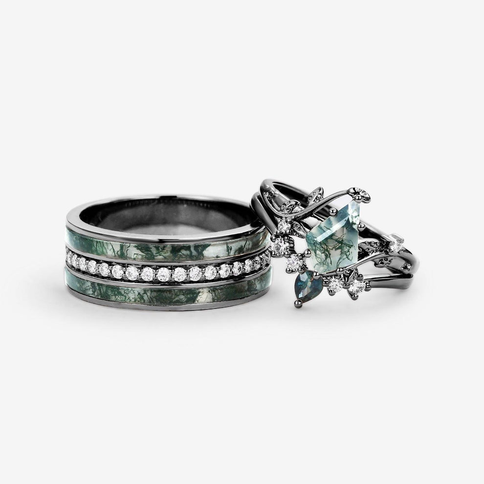 Sylvie’s Brook | Moss Agate & Teal Sapphire Leafy Couple Ring Set 3pcs.