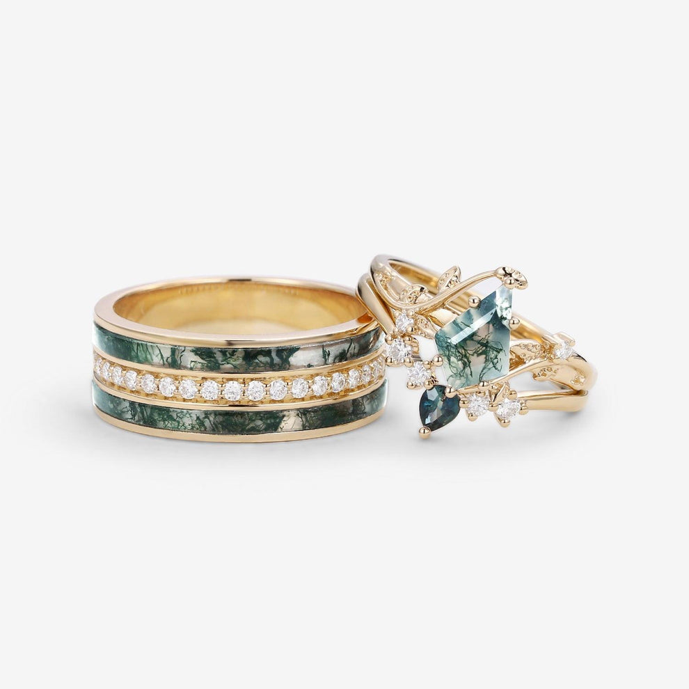 Sylvie’s Brook | Moss Agate & Teal Sapphire Leafy Couple Ring Set 3pcs.