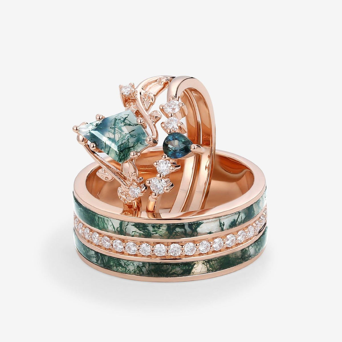 Sylvie’s Brook | Moss Agate & Teal Sapphire Leafy Couple Ring Set 3pcs.