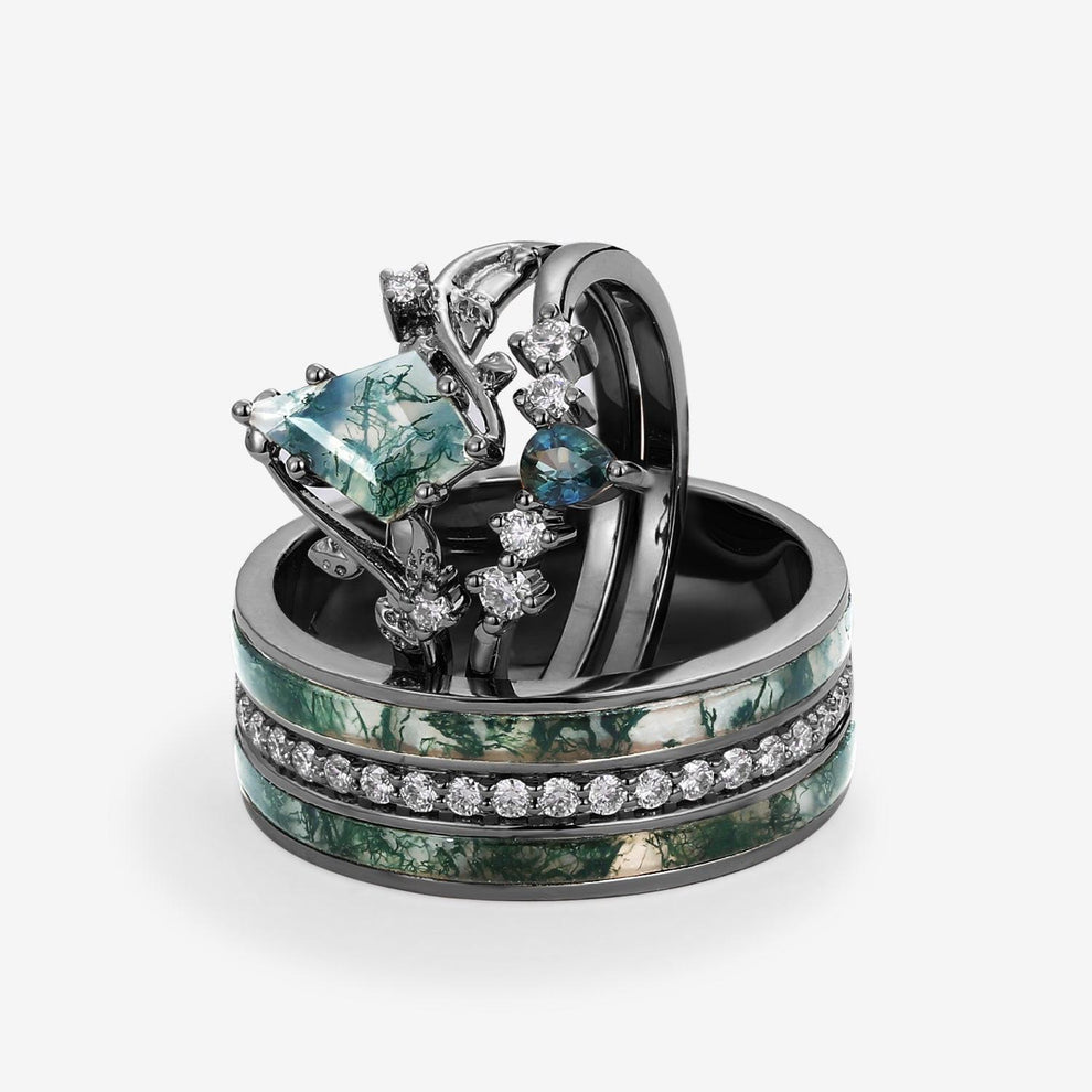 Sylvie’s Brook | Moss Agate & Teal Sapphire Leafy Couple Ring Set 3pcs.