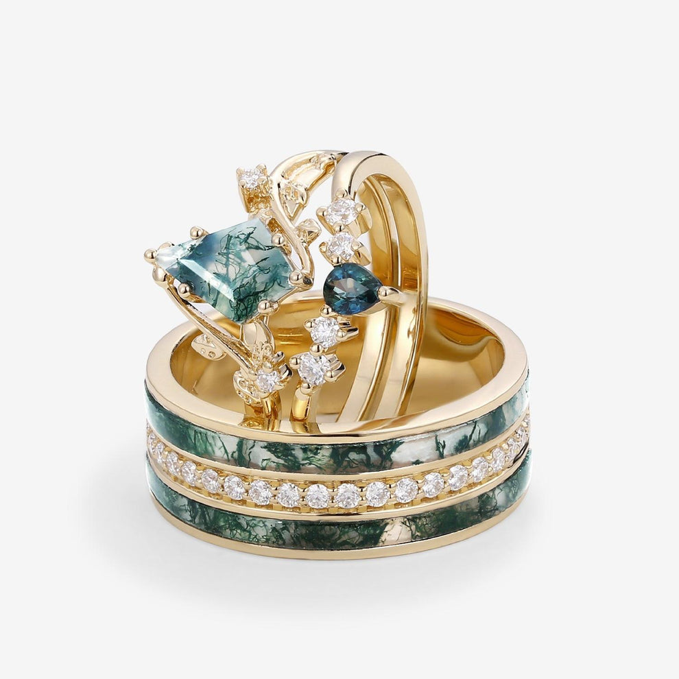 Sylvie’s Brook | Moss Agate & Teal Sapphire Leafy Couple Ring Set 3pcs.