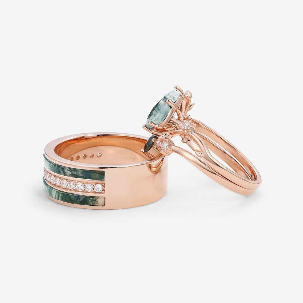 Sylvie’s Brook | Moss Agate & Teal Sapphire Leafy Couple Ring Set 3pcs.