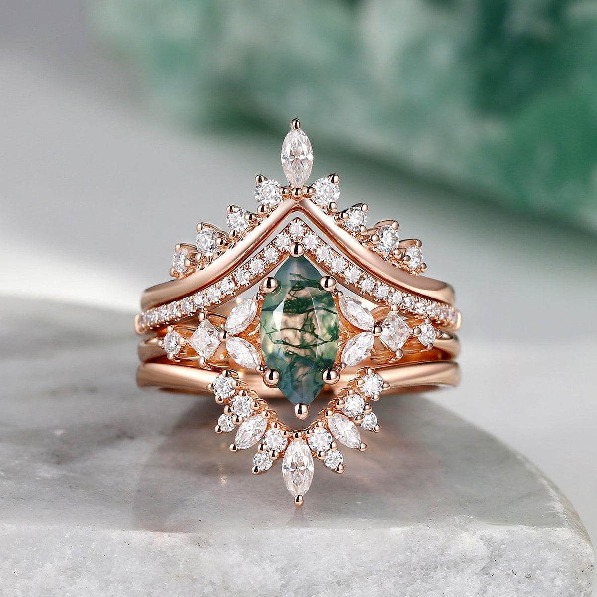 Amelia Unique Marquise Moss Agate Engagement Ring Set 4pcs.