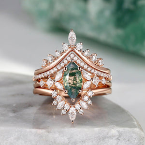 Amelia Unique Marquise Moss Agate Engagement Ring Set 4pcs.