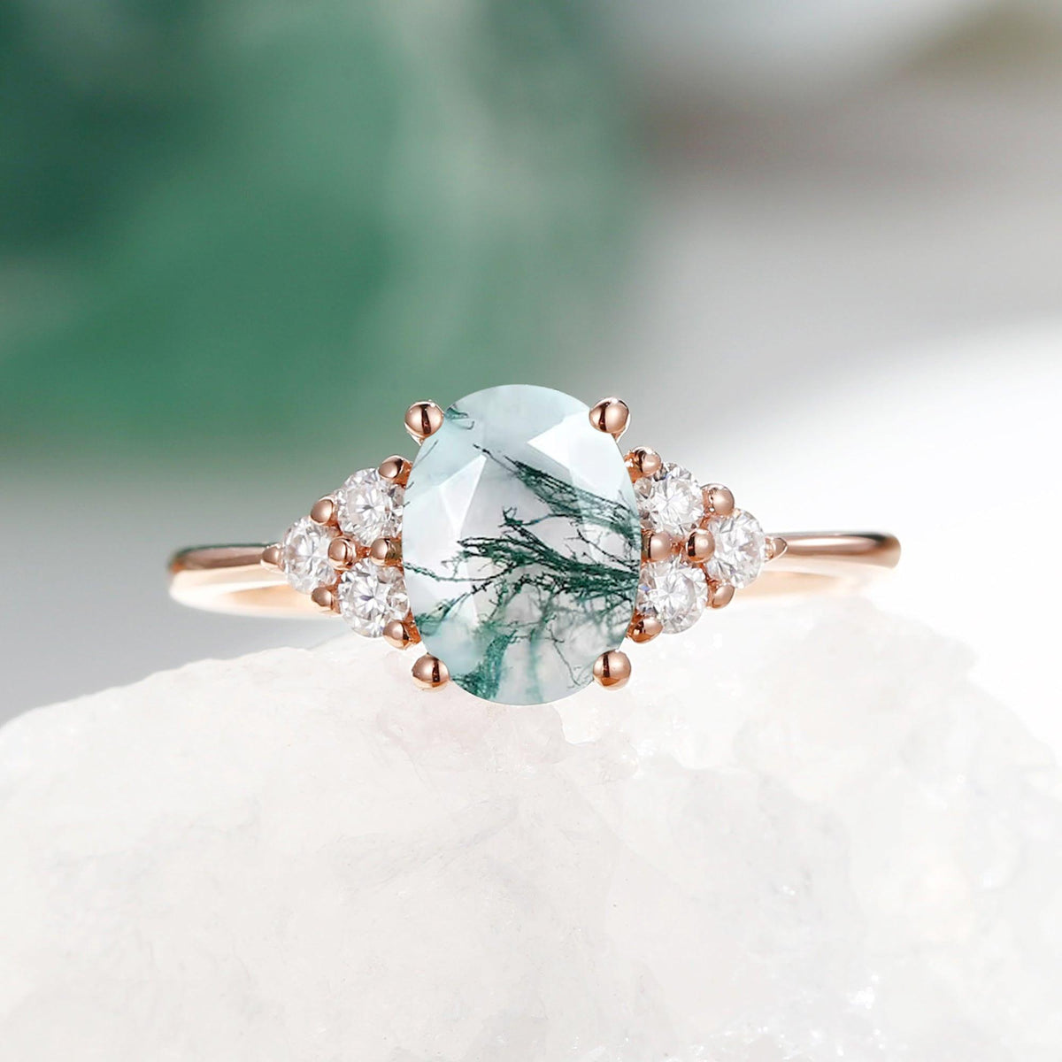 Aurora’s Dew | Oval Moss Agate Classic Cluster Engagement Ring.