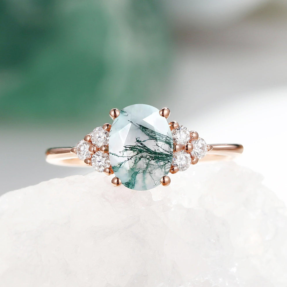 Aurora’s Dew | Oval Moss Agate Classic Cluster Engagement Ring.