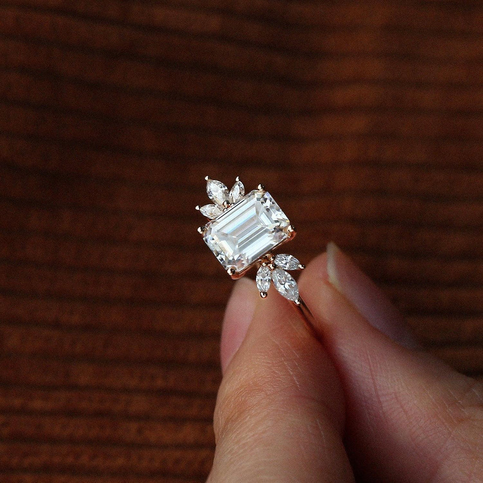 Sylvie’s Lattice | Emerald Cut Moss Agate Cluster Engagement Ring.