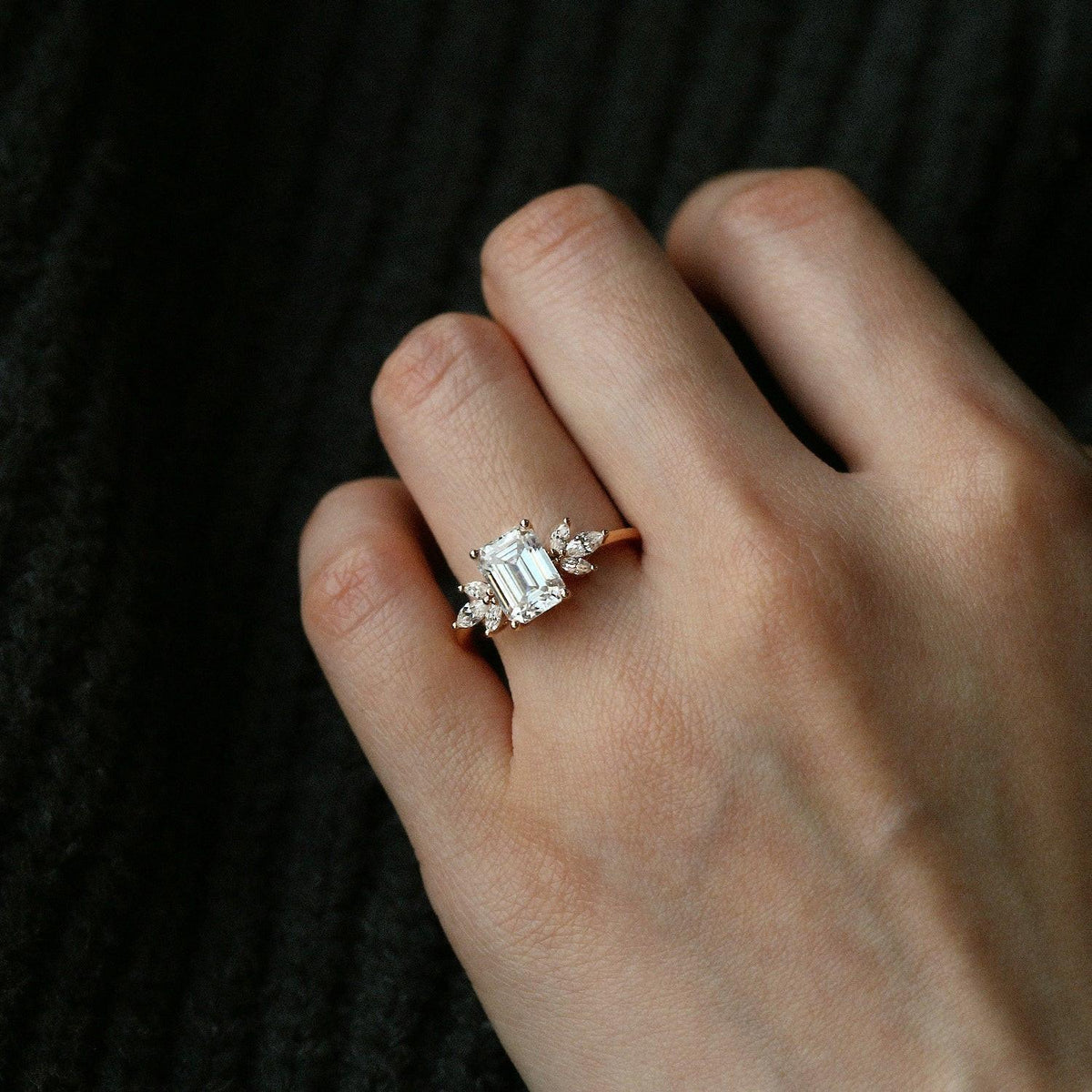 Sylvie’s Lattice | Emerald Cut Moss Agate Cluster Engagement Ring.