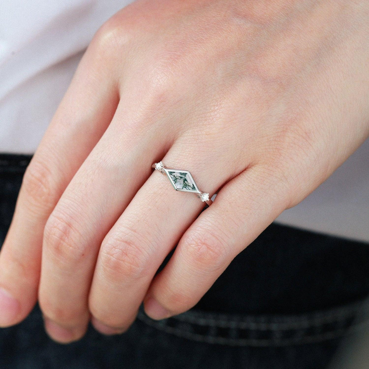 East-West Moss Agate Rhombus Cut Bezel Set Ring.