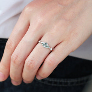 East-West Moss Agate Rhombus Cut Bezel Set Ring.