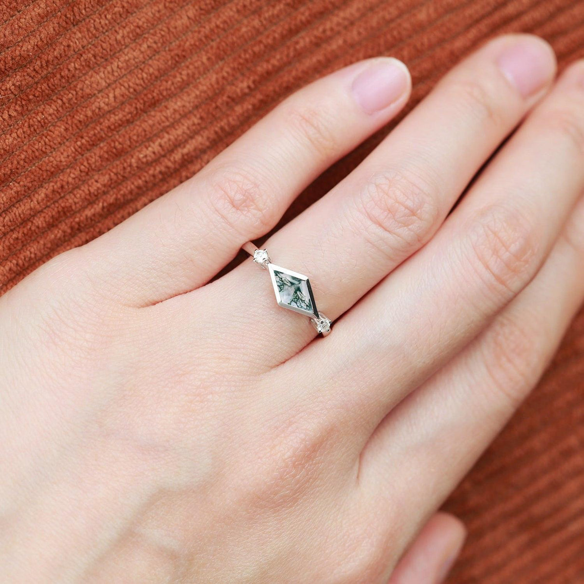 East-West Moss Agate Rhombus Cut Bezel Set Ring.