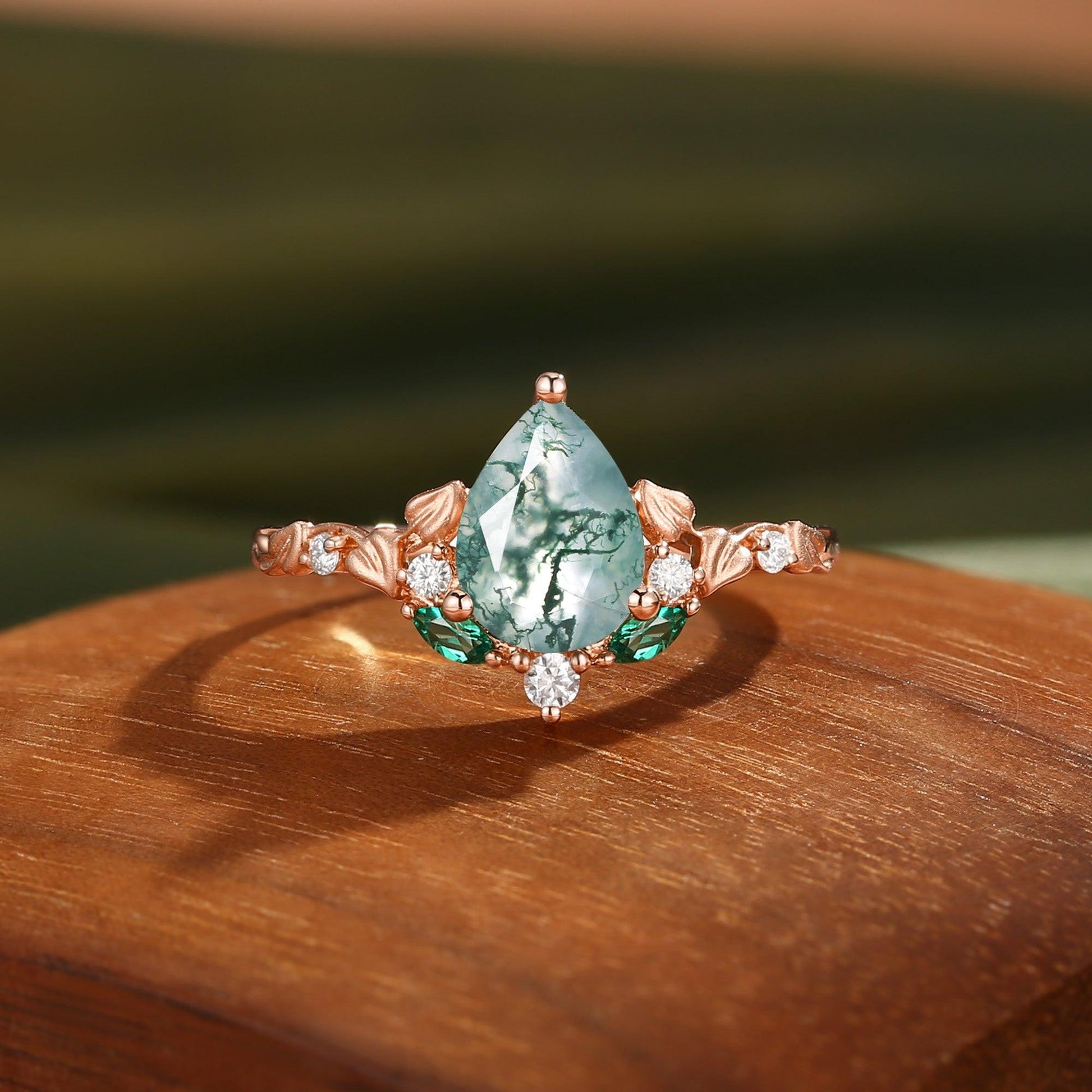 Hedera Heart Leaf Moss Agate Engagement Ring.