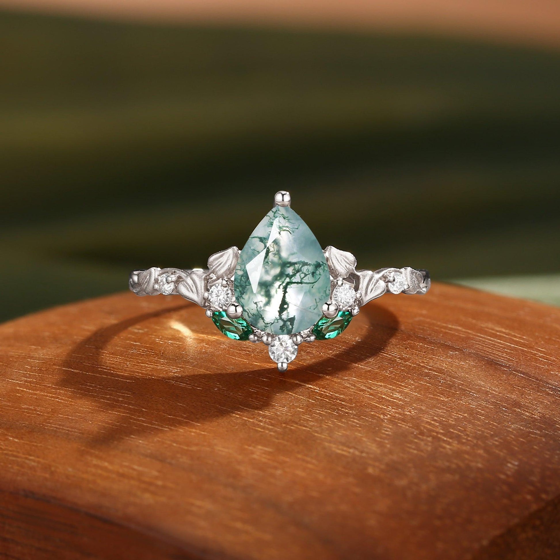 Hedera Heart Leaf Moss Agate Engagement Ring.