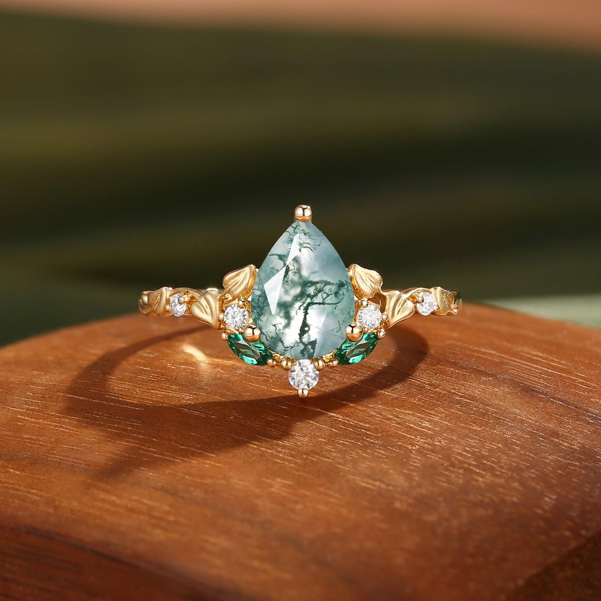 Hedera Heart Leaf Moss Agate Engagement Ring.