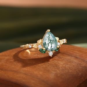 Hedera Heart Leaf Moss Agate Engagement Ring.