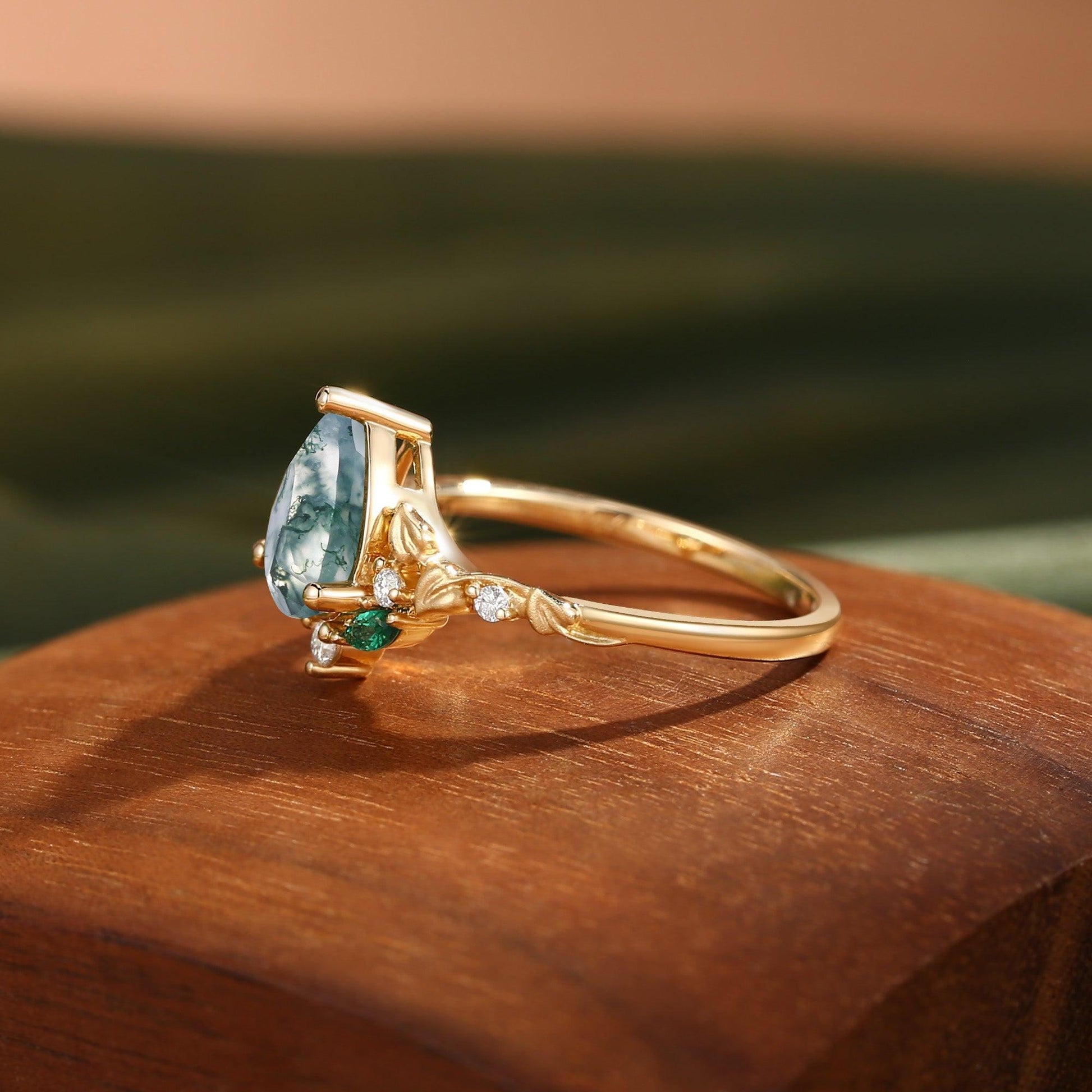 Hedera Heart Leaf Moss Agate Engagement Ring.