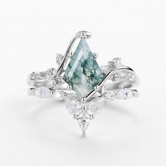 Unique Kite Cut Moss Agate Vine Engagement Ring Sets 2pcs.