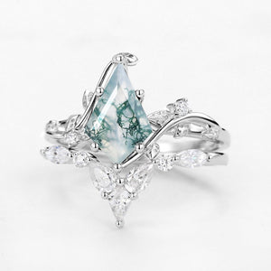 Unique Kite Cut Moss Agate Vine Engagement Ring Sets 2pcs.