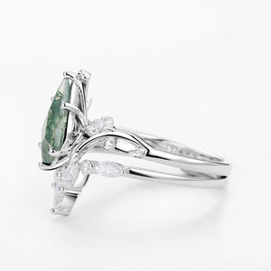 Unique Kite Cut Moss Agate Vine Engagement Ring Sets 2pcs.