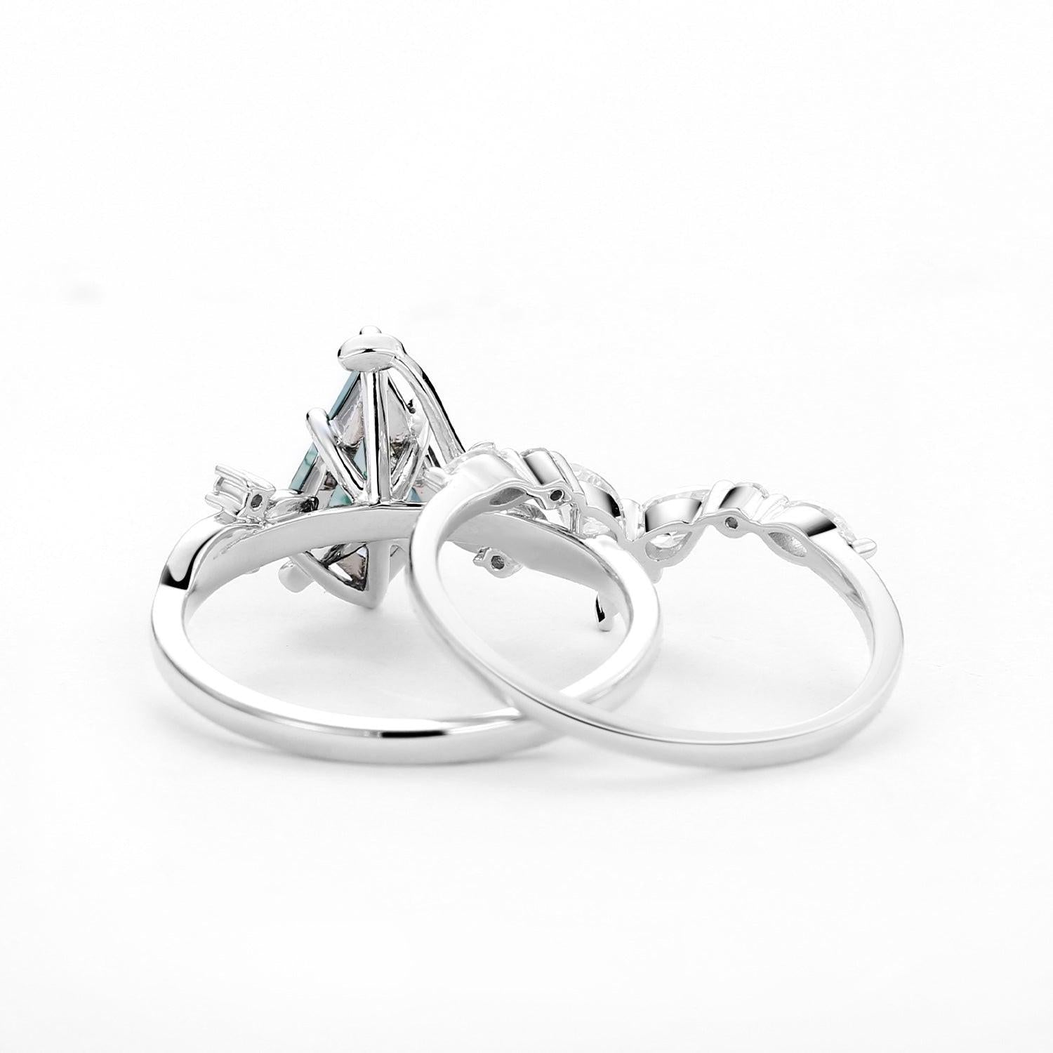 Unique Kite Cut Moss Agate Vine Engagement Ring Sets 2pcs.