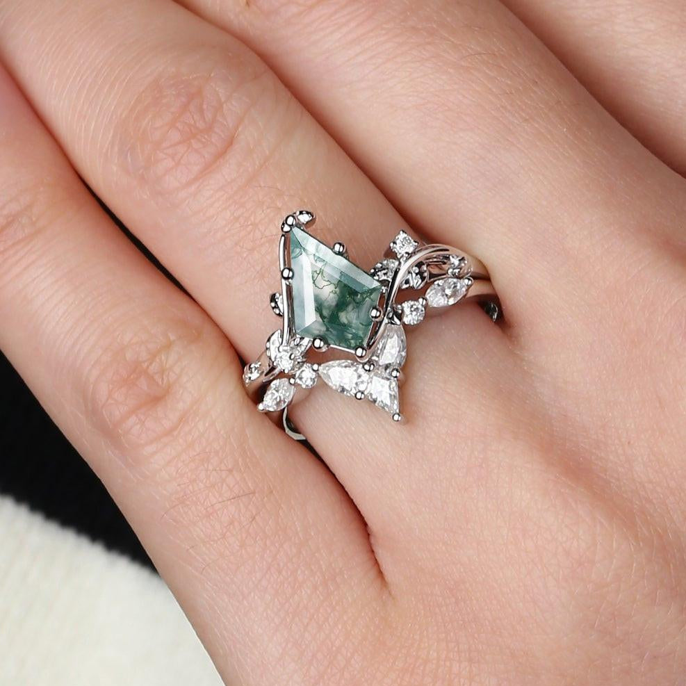 Unique Kite Cut Moss Agate Vine Engagement Ring Sets 2pcs.