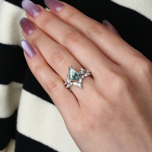 Unique Kite Cut Moss Agate Vine Engagement Ring Sets 2pcs.
