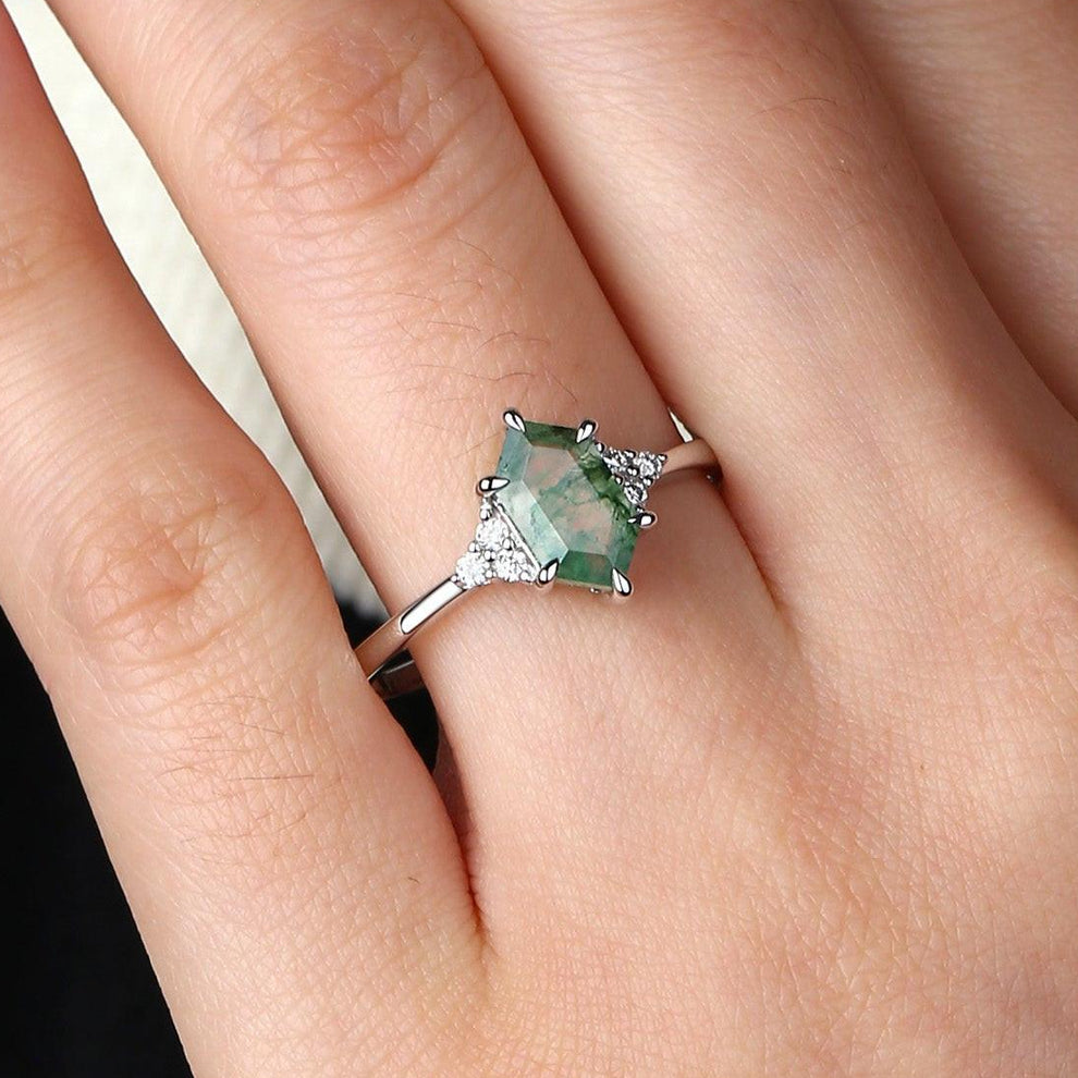 Nova Vintage Hexagon Moss Agate 3 Stone Engagement Ring.