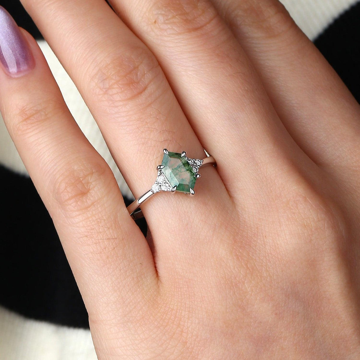 Nyx’s Trio | Black Gold Hexagon Moss Agate Three Stone Engagement Ring.