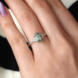 Nyx’s Trio | Black Gold Hexagon Moss Agate Three Stone Engagement Ring.