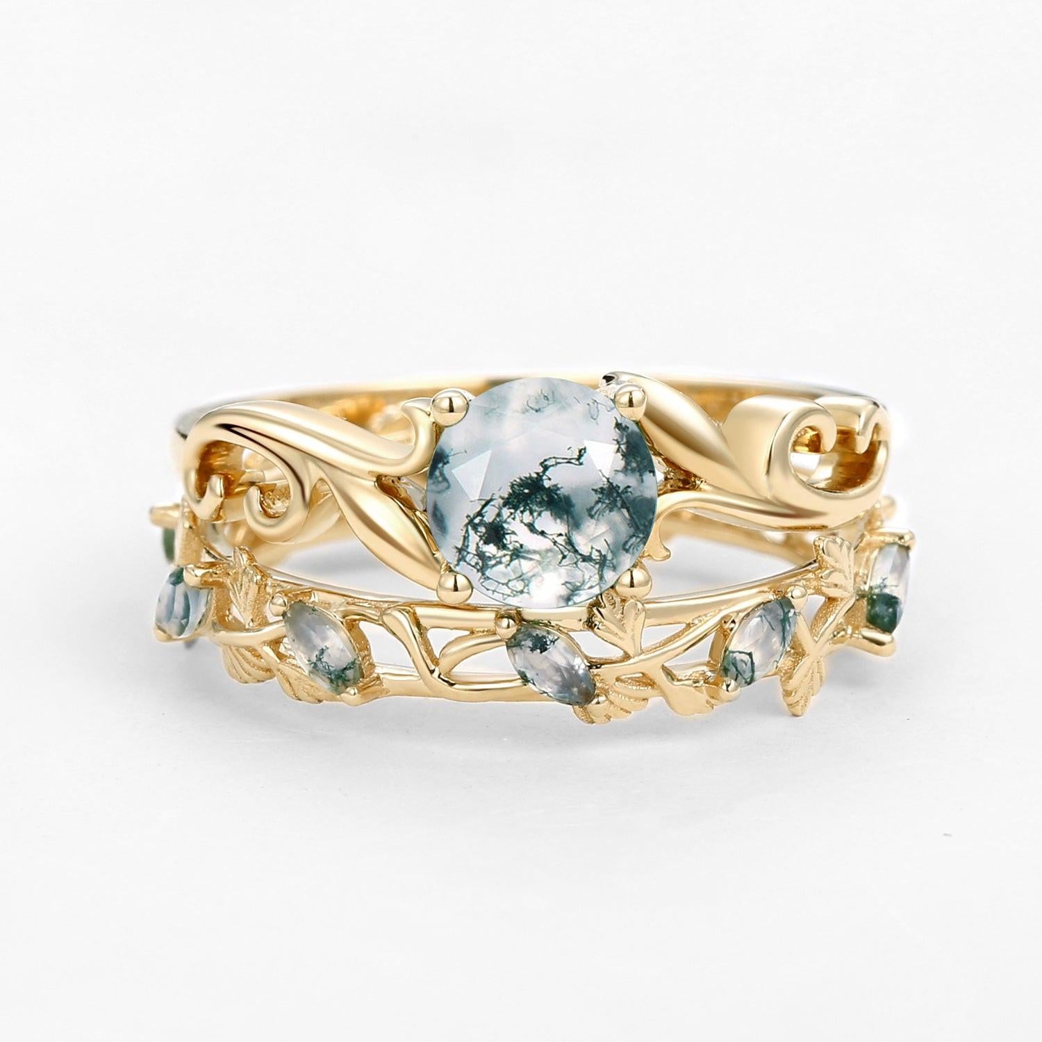 Moss Agate Round Shaped Leafy Marquise Engagement Ring Sets.
