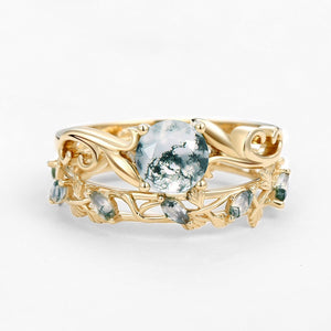 Moss Agate Round Shaped Leafy Marquise Engagement Ring Sets.