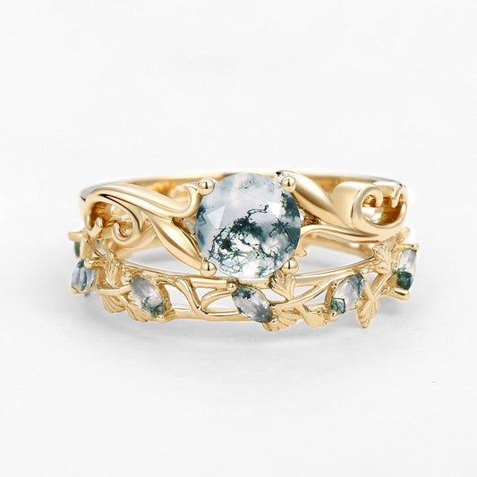Moss Agate Round Shaped Leafy Marquise Engagement Ring Sets.