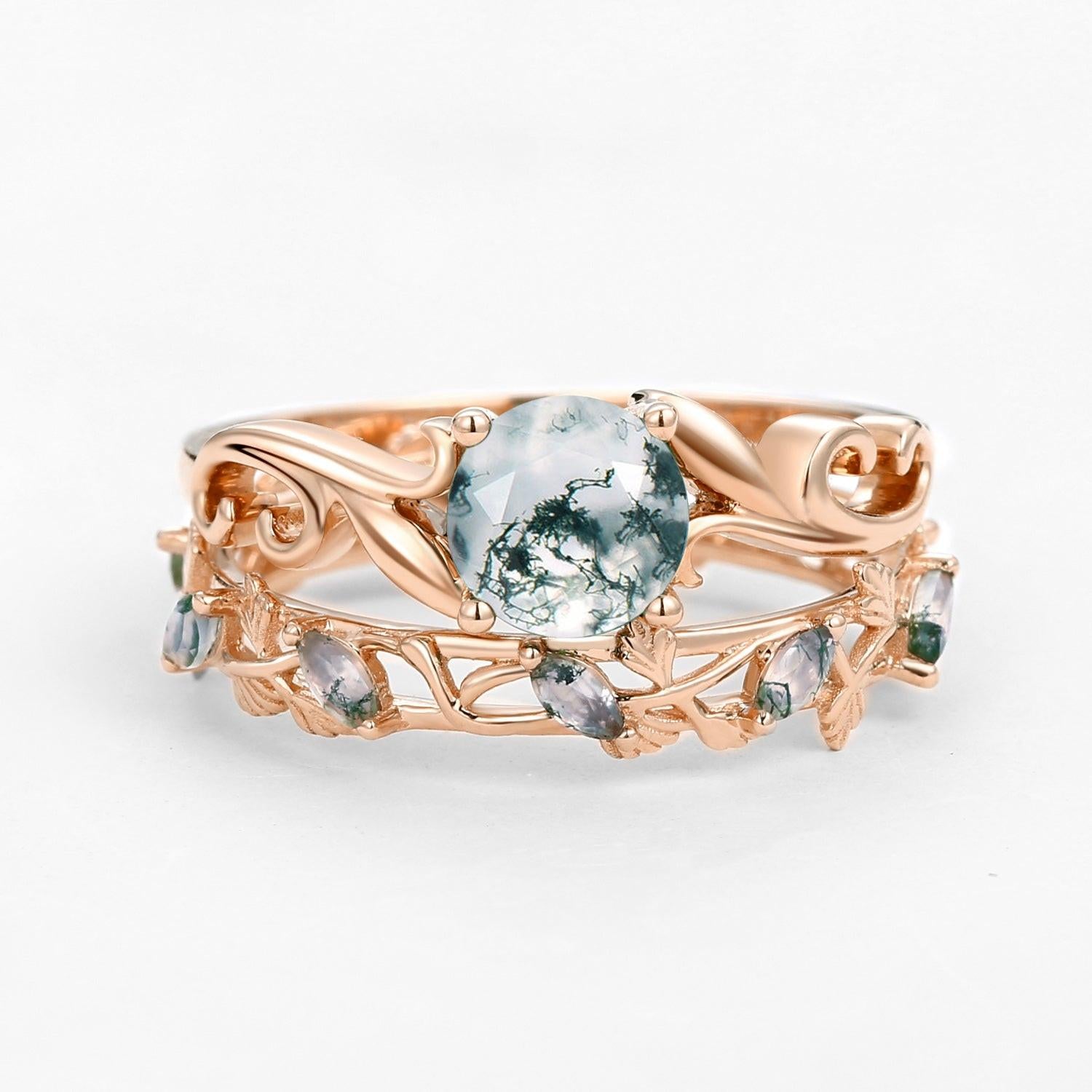 Moss Agate Round Shaped Leafy Marquise Engagement Ring Sets.