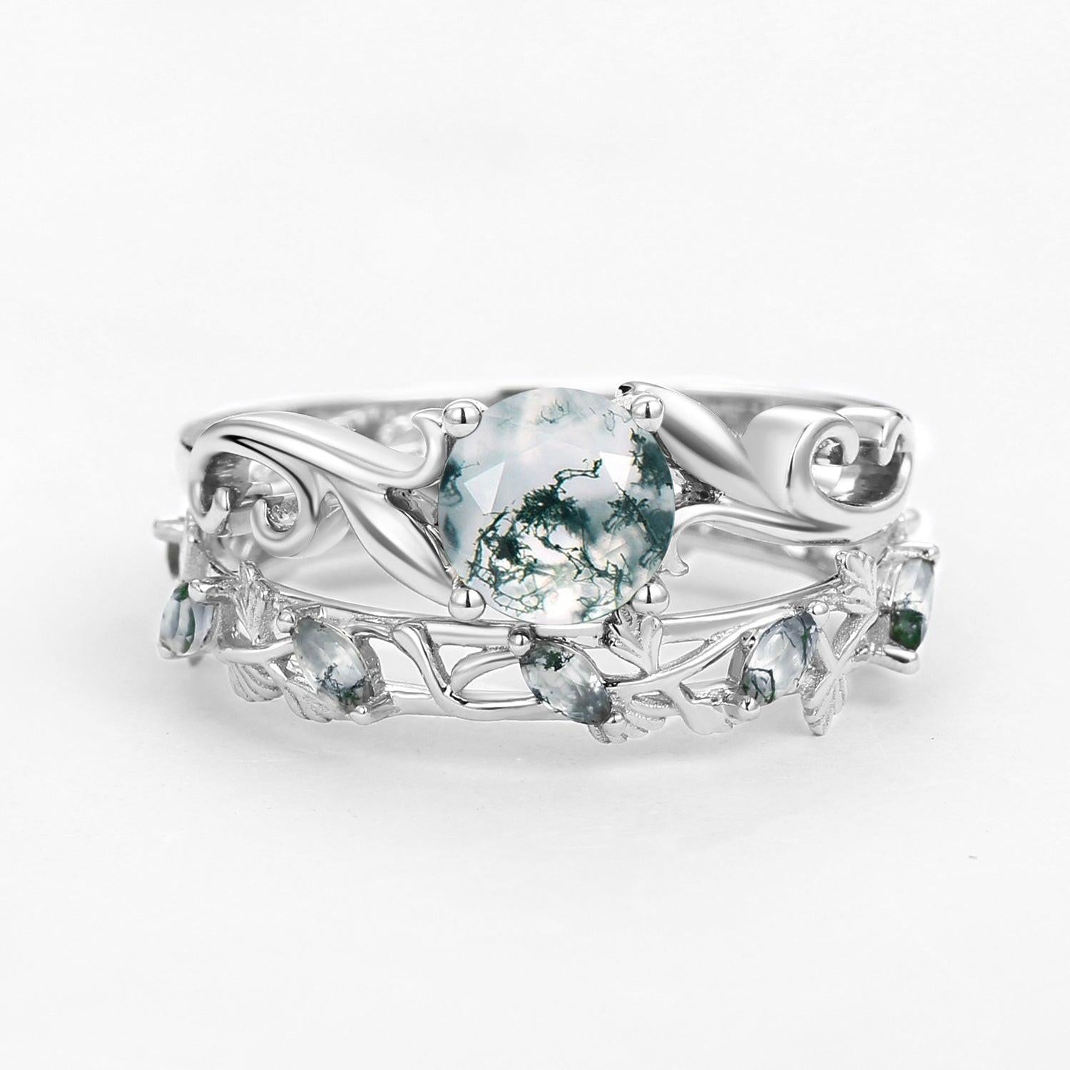 Moss Agate Round Shaped Leafy Marquise Engagement Ring Sets.