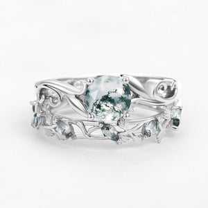 Moss Agate Round Shaped Leafy Marquise Engagement Ring Sets.