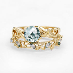 Moss Agate Round Shaped Leafy Marquise Engagement Ring Sets.