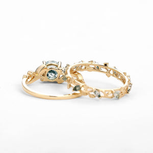 Moss Agate Round Shaped Leafy Marquise Engagement Ring Sets.