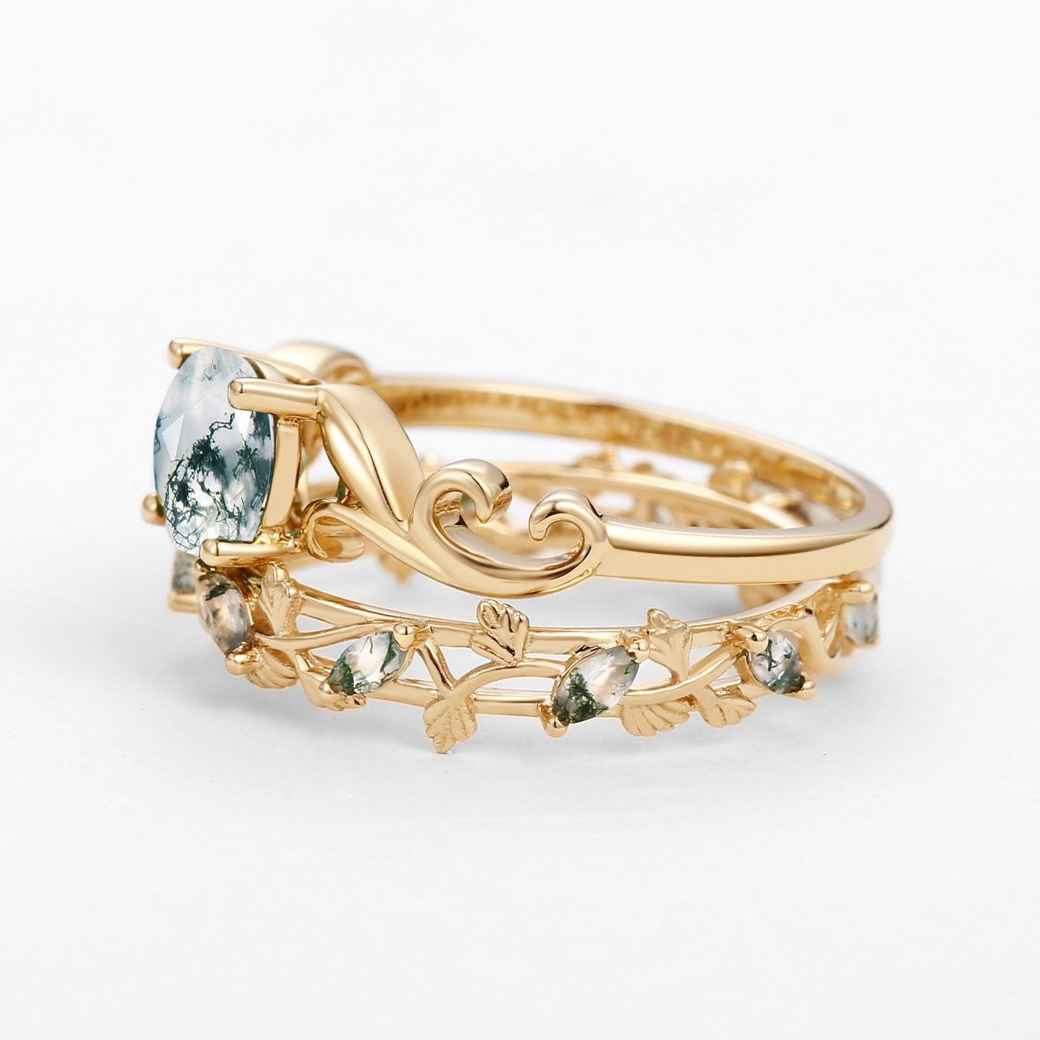 Moss Agate Round Shaped Leafy Marquise Engagement Ring Sets.