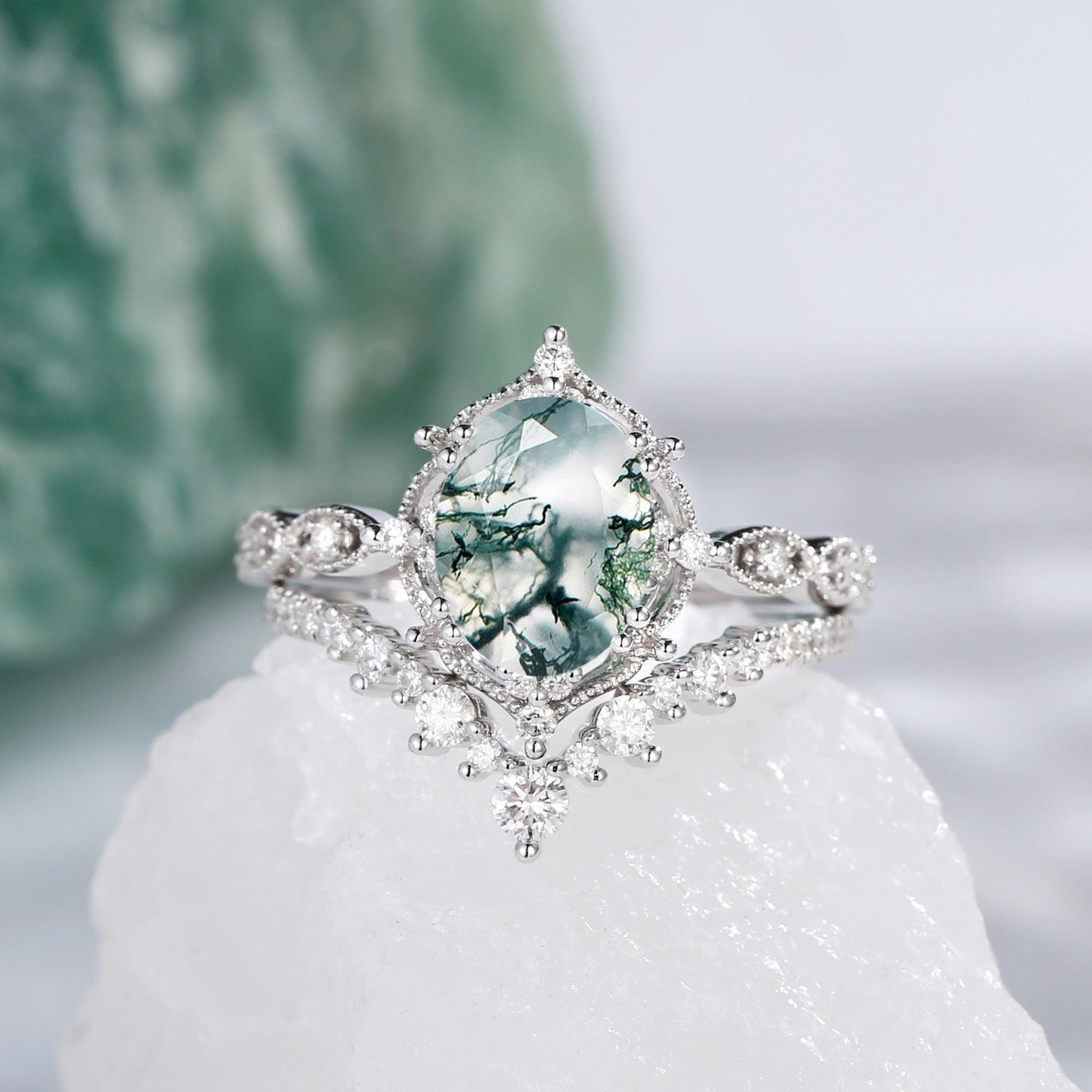 Charlotte 2.0CT Signature Vintage Moss Agate Big Ring Set 2pcs.