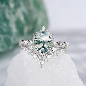 Charlotte 2.0CT Signature Vintage Moss Agate Big Ring Set 2pcs.