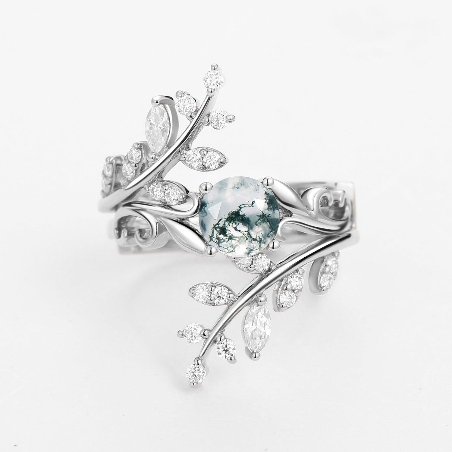 Round Shaped Vine Moss Agate Engagement Ring Sets 2PCS.
