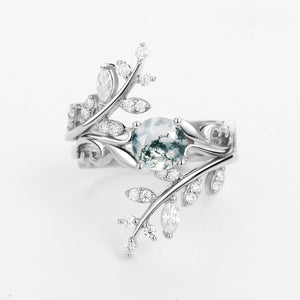 Round Shaped Vine Moss Agate Engagement Ring Sets 2PCS.
