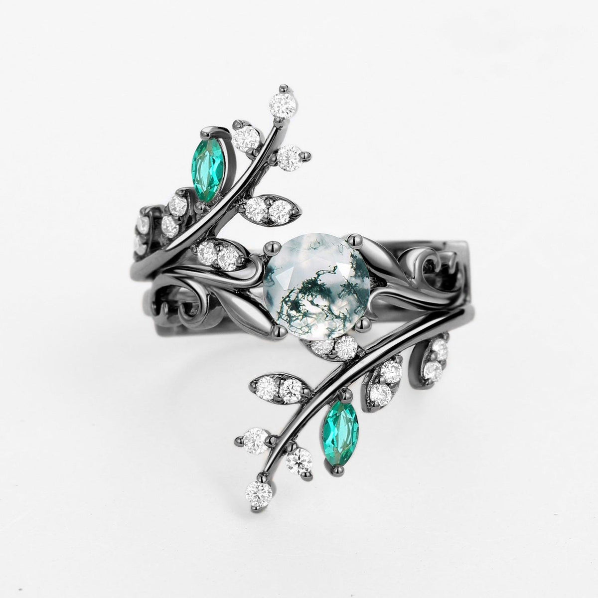 Forest Bloom – Round Cut Moss Agate & Emerald Bridal Set 2pcs.
