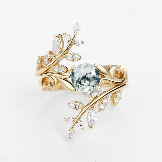 Round Shaped Vine Moss Agate Engagement Ring Sets 2PCS.