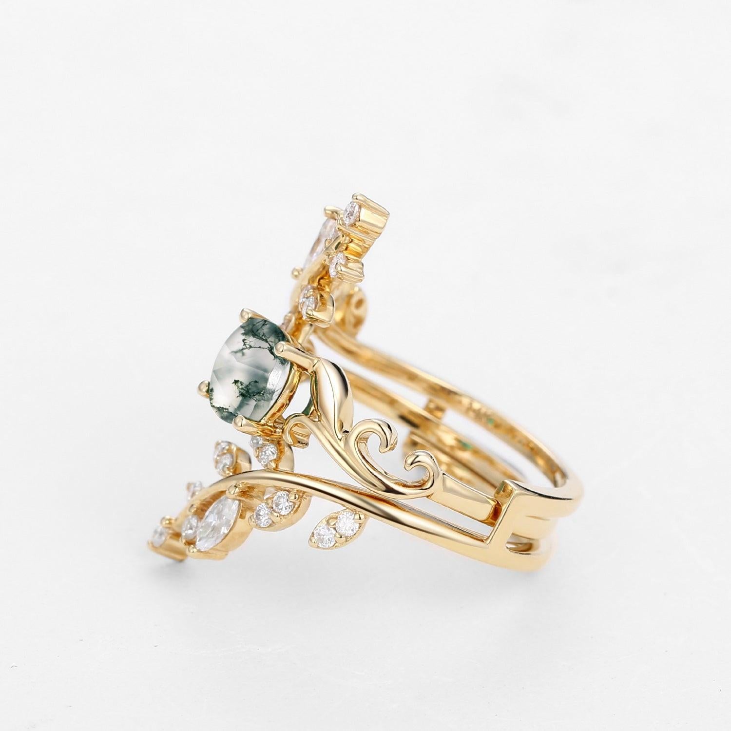 Round Shaped Vine Moss Agate Engagement Ring Sets 2PCS.