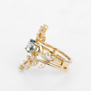 Round Shaped Vine Moss Agate Engagement Ring Sets 2PCS.