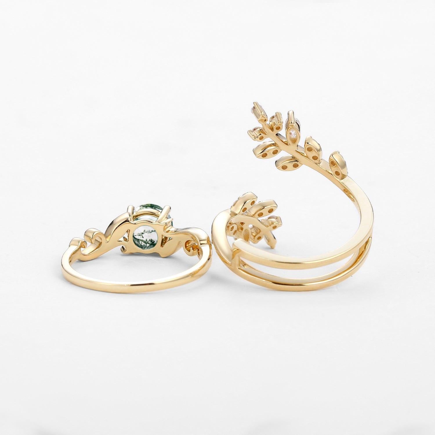 Round Shaped Vine Moss Agate Engagement Ring Sets 2PCS.