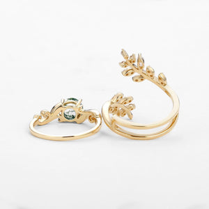 Round Shaped Vine Moss Agate Engagement Ring Sets 2PCS.